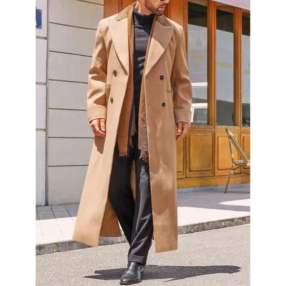 💫 Men Cream Long Trench Coat Full Length Notched Lapel Double Breasted Jacket